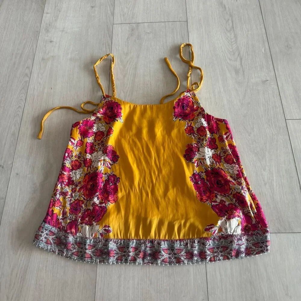 Free People Move Lightly Double Spaghetti Strap Yellow Pink Floral Tank Top size
